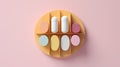 weekly pill container, creative minimalist photo, pastel background, modern flat lay