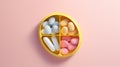 weekly pill container, creative minimalist photo, pastel background, modern flat lay