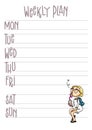 Weekly plan page. Vector printable planner template. Week organizer with cartoon character