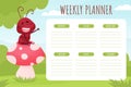 Weekly Planner with Cute Ant Character Sit on Mushroom Vector Template Royalty Free Stock Photo