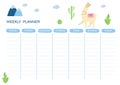 Weekly planner with cute llama and cactuses. Doodle flat style. Good for notebook, agenda, diary, organiser, schedule