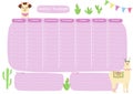 Weekly planner with cute llama and cactuses. Doodle flat style. Good for notebook, agenda, diary, organiser, schedule