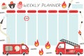 Weekly planner. Firefighter cartoon notebook sheet template, cars poster for boys, city transport childish stationery design, red