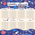Weekly planner with funny outer space and funny cartoon cosmos icons in doodle cartoon style. Kids schedule design template.