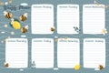 Weekly planner for kids, sheets with days of the week decorated with cute bees, lemons and flowers. Grey-pink design. Print