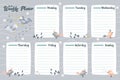 Weekly planner for kids, sheets with days of the week decorated with cute birds, leaves and notes. Grey-pink design. Print