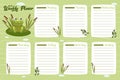 Weekly planner for kids, sheets with days of the week, decorated with a cute frog and reeds with leaves. Design for print, vector