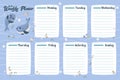 Weekly planner for kids, sheets with days of the week, decorated with cute whales and flowers with leaves. Design for print