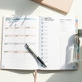 Weekly planner open on a desk, featuring sections for days of the week, a water Royalty Free Stock Photo