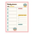 Weekly planner page with date, reminder, goal, important task. Weekly notes page. Vector illustration. Royalty Free Stock Photo