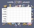 Weekly and daily planner page design template children calendar. Cute hand drawn little dino characters. Pastel colors. Back to