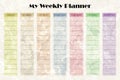 Weekly planner pages templates. Organizer page, yearly and monthly control book.