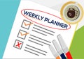 Weekly Planner or planning icon concept. One task failed. Paper sheets with check marks, abstract text and marker.