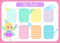 Weekly planner, school timetable template with cute flying fairy. Kids schedule vector design for children