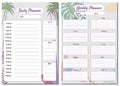 Weekly, Daily Planner Set template vector. Palms floral decoration background, timetable, To Do list, goals, notes