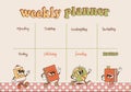 Weekly planner template . Groovy schedule in Retro 70s style, note paper decorated with retro cartoon stationery