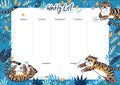 Weekly and daily planner template. Organizer and schedule with notes. Tigers in the jungle.