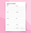 Weekly planner. Timetable homework template. Vector illustration