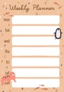 Weekly planners page design with lines for daily plans. Diary, organizer paper template, schedule with cute animals in