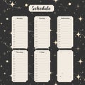 Weekly schedule planner with a celestial theme featuring starry sky, planets, and cosmic elements Vector Royalty Free Stock Photo