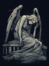 A weeping angel statue languishing in sorrow atop a gothic ave her wings bowed in ief. Gothic art. AI generation