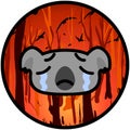 Weeping koala icon on a burning Australian forest background. Vector cartoon illustration