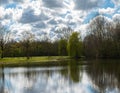 weeping willow next to a lake that gives reflection of the scene in a park in the spring season Royalty Free Stock Photo