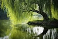 Weeping willow tree reflected in the lake with reflection in water, AI Generated