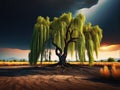 Weeping willow under a dark sky