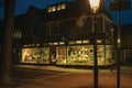 Night view of street flowers shop and light lamp in the foreground at dawn in Weesp. Royalty Free Stock Photo