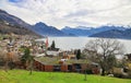 View of the beautiful town of Weggis and Lake Lucerne. Swiss Alps, Switzerland, Europe.