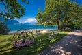 Village Weggis, lake Lucerne Vierwaldstatersee, Rigi mountain and Swiss Alps in the background near famous Lucerne Luzern city