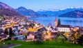 Weggis town on Lake Lucerne, Switzerland, night view Royalty Free Stock Photo