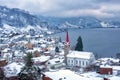 Weggis village on Lake Lucerne, swiss Alps mountains, Switzerland, in winter time Royalty Free Stock Photo