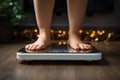 Weight control Feet on scales, measuring fat loss, diet concept