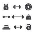 Weight icons. Weight dumbbell, heavy weight barbell, element weight