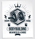Weight-lifting vector motivation poster composed using disc weight dumbbell and kettle bell sport equipment. Weakness is a choice Royalty Free Stock Photo