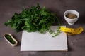 weight loosing lifestyle food healthy note measure tape tailor salad arugula plan et stands paper On