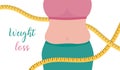 Weight loss banner. Figure of woman with excess weight. Waist and tape measure. Female obese body. Flat vector illustration Royalty Free Stock Photo