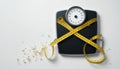 Weight Loss Journey Scale, Measuring Tape, and Crumbled Bread Royalty Free Stock Photo