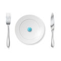 Weight loss concept. Medicine pills or capsules on a plate with a fork. Vector illustration. Drug prescription for treatment