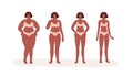 Weight loss concept. Process of transformation from black-skinned woman with fat obese body and belly to slim and thin