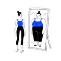 Weight loss concept - Young fit, slim woman looking at fat girl in mirror`s reflection on white background Royalty Free Stock Photo