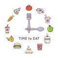 Weight loss diet vector concept with clock and food icons