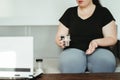 Overweight woman take pills. Medicine and pharmacy Royalty Free Stock Photo