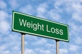 Weight Loss Green Road Sign, Bright Summer Cloudscape Sky, Roadside Signage Metaphor