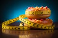 Weight loss journey Measuring tape restricts donut, highlighting dedication to diet