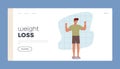 Weight Loss Landing Page Template. Happy Athlete Man Standing On Scales. Healthy Male Character Emphasize Perfect Weight