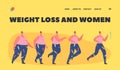 Weight Loss Landing Page Template. Transformation Stages of Obese Woman Turn into Healthy Body, Sport Training