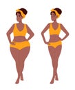 Before and after weight loss. Overweight African American woman standing in front of thin, slim, toned woman. Fat and
